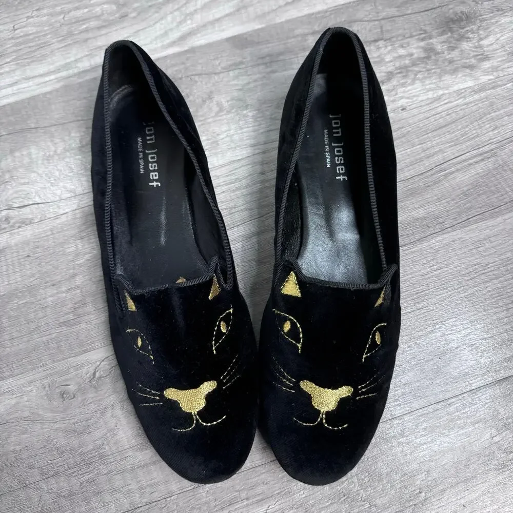 Jon Josef Velvet Gold embroidered Cat loafers Black Made in Spain Womens 9 1/2